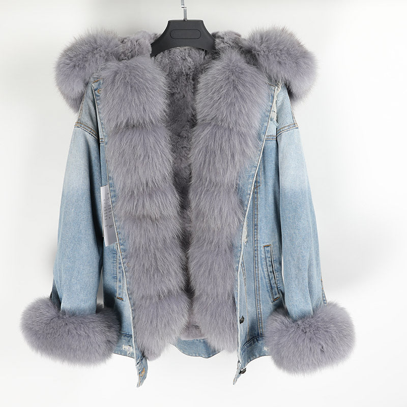 BelaCustom Fox Fur Collar Rabbit Inner Women's Winter Jeans Jacket Parka Coat Customization