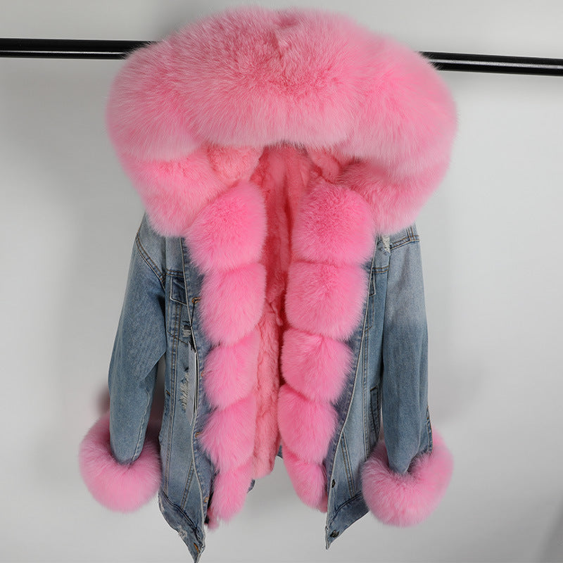 BelaCustom Fox Fur Collar Rabbit Inner Women's Winter Jeans Jacket Parka Coat Customization