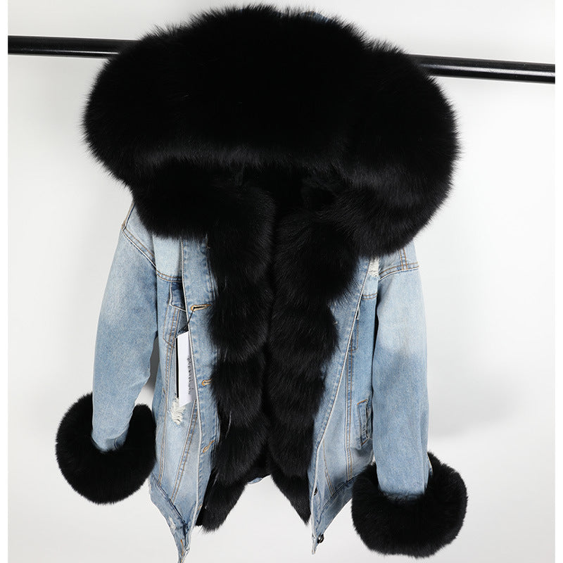 BelaCustom Fox Fur Collar Rabbit Inner Women's Winter Jeans Jacket Parka Coat Customization