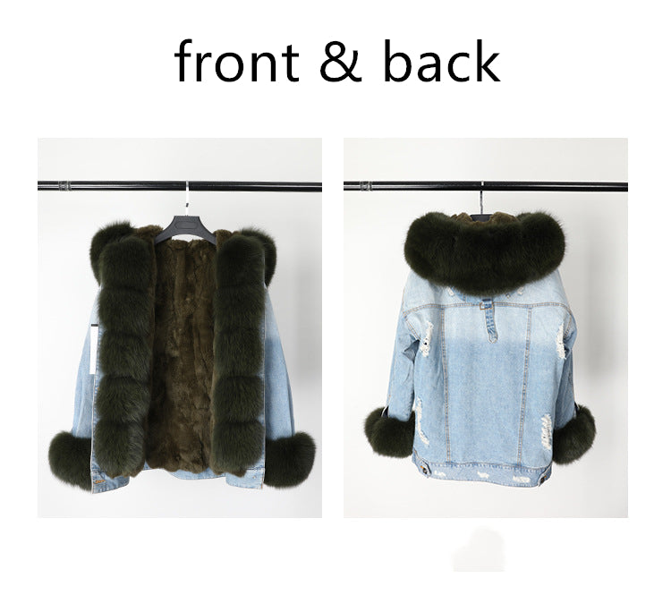 BelaCustom Fox Fur Collar Rabbit Inner Women's Winter Jeans Jacket Parka Coat Customization