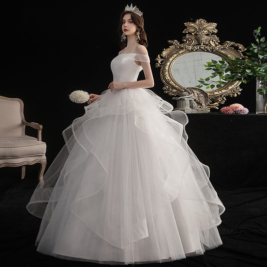 BelaCustom Ruffle Lace Golden Leaves Belt Off Shoulder Lace Up A-Line Floor Train Wedding Dress