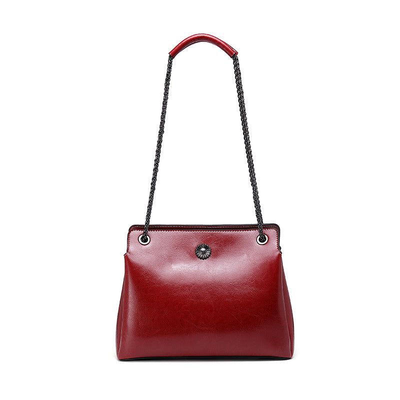 Genuine Leather Women's Chain Strap Shoulder Bag with Outside Pocket