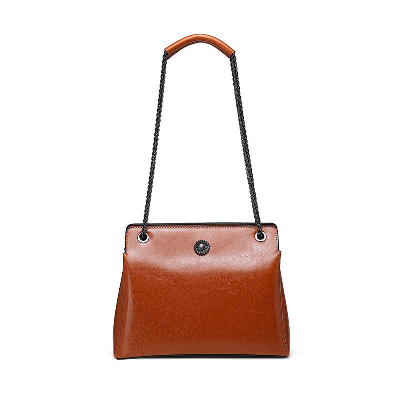 Genuine Leather Women's Chain Strap Shoulder Bag with Outside Pocket