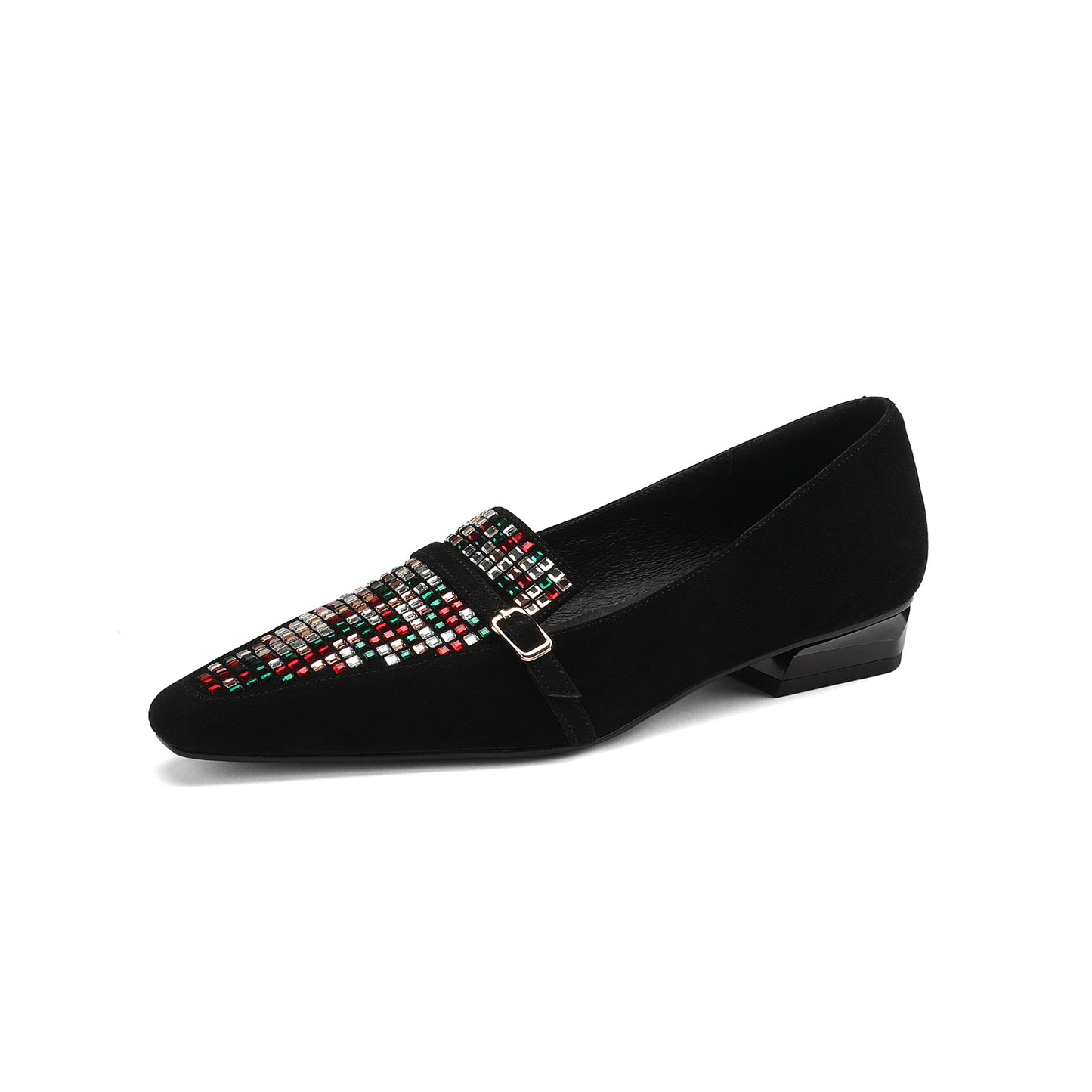 Handmade Women's Genuine Leather Colorful Rhinestones Slip On Square Toe Flats Loafer Shoes