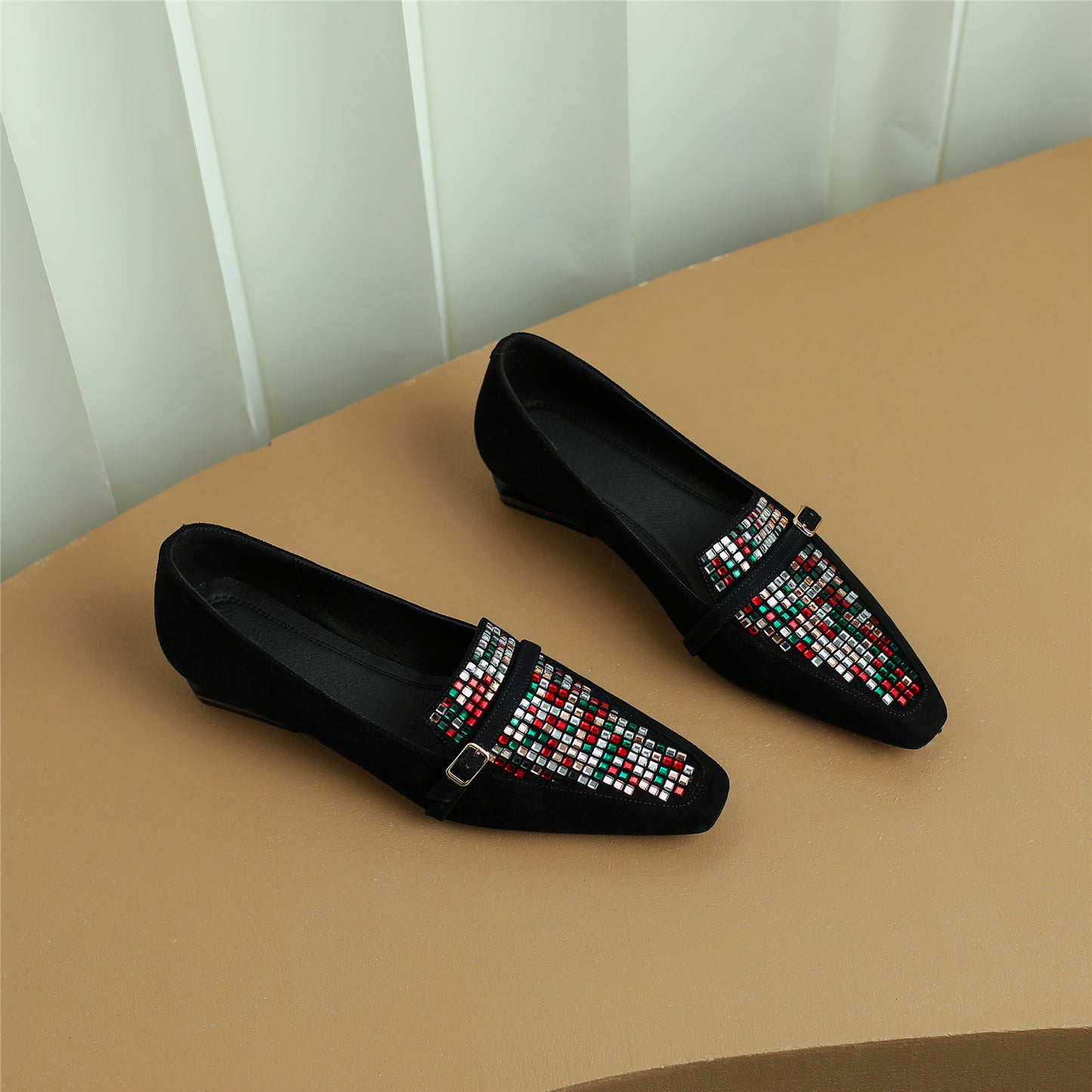 Handmade Women's Genuine Leather Colorful Rhinestones Slip On Square Toe Flats Loafer Shoes