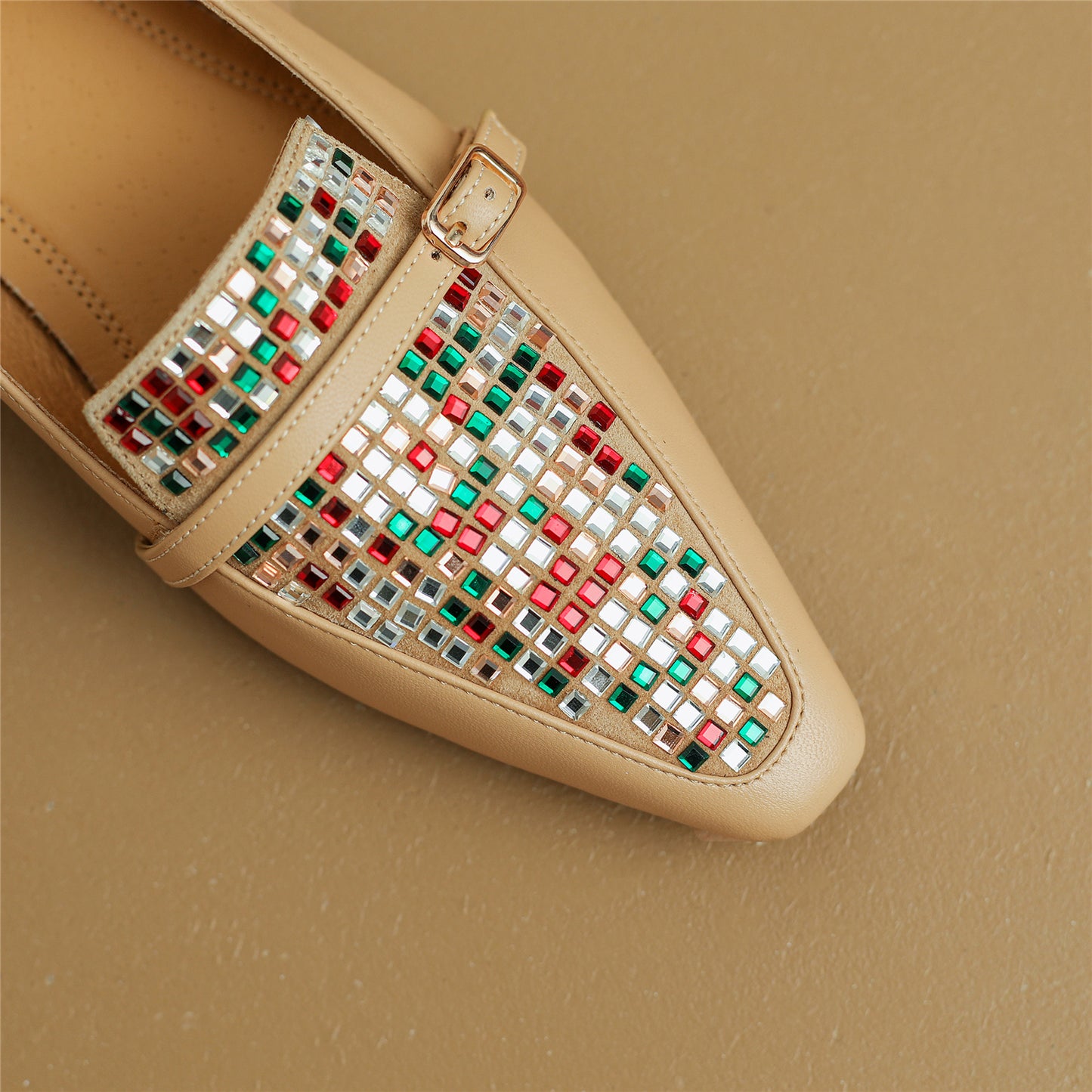 Handmade Women's Genuine Leather Colorful Rhinestones Slip On Square Toe Flats Loafer Shoes