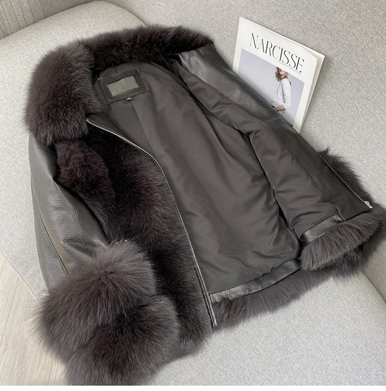 BelaCustom Fox Fur Women's Genuine Leather Jacket Coat Customization