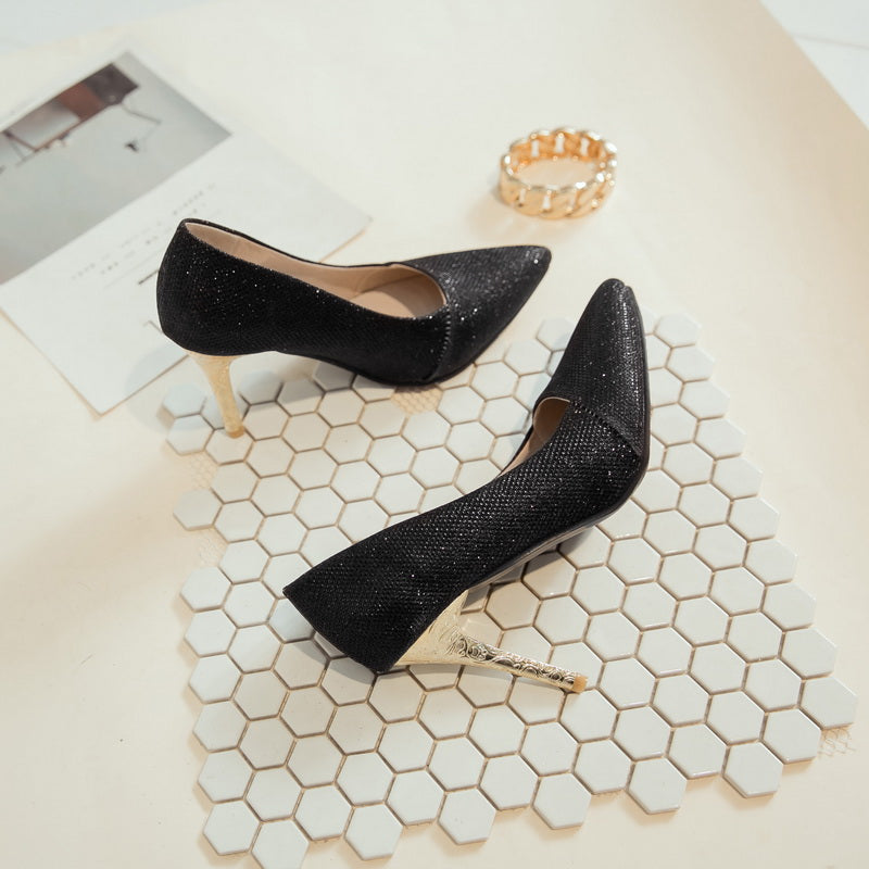 Women's Handmade Pointed Toe Glitter Stiletto Heel Weeding Pumps Shoes