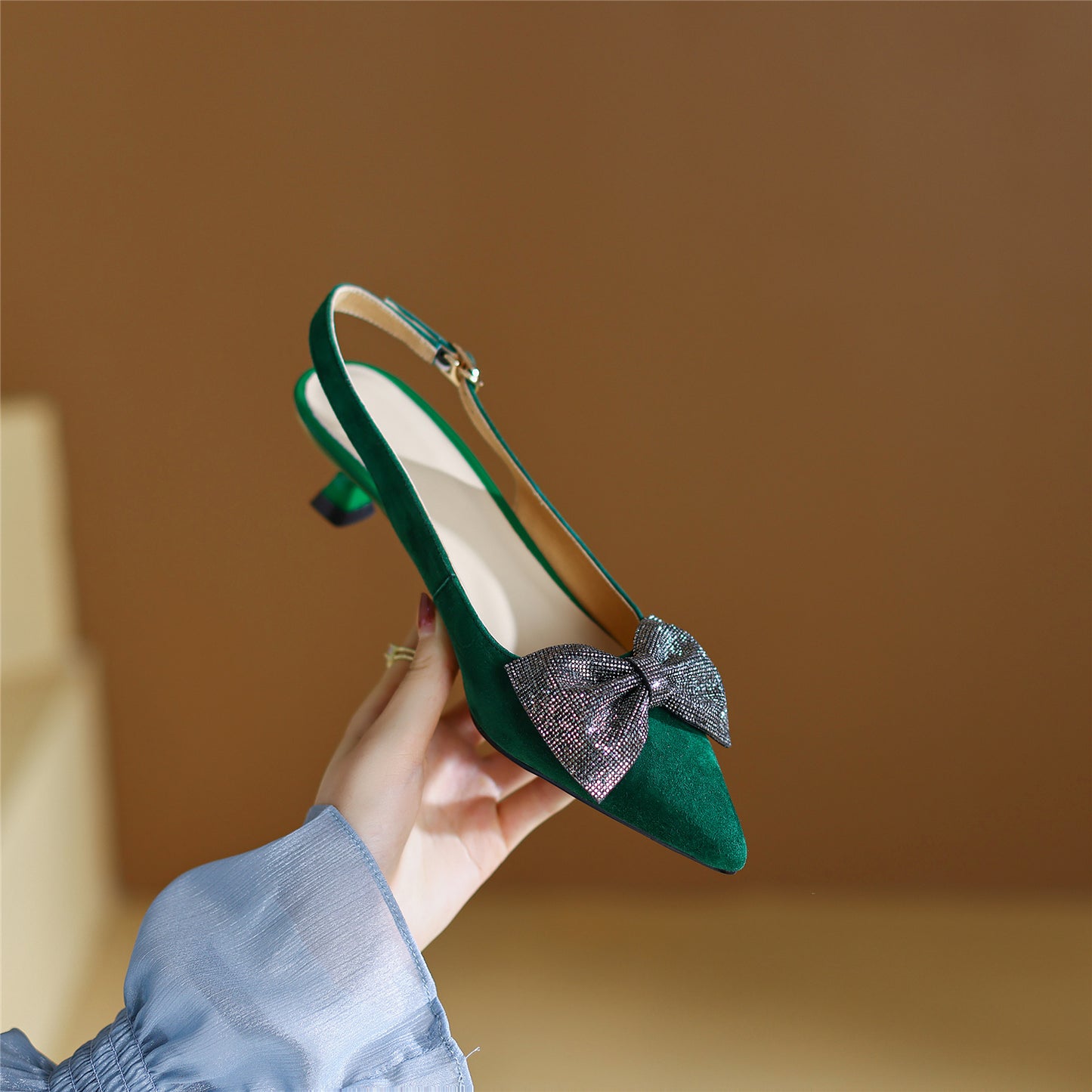 Women's Pointed Toe Suede Leather Handmade Buckle Cute Kitten Heels Slingbacks with Bowknot