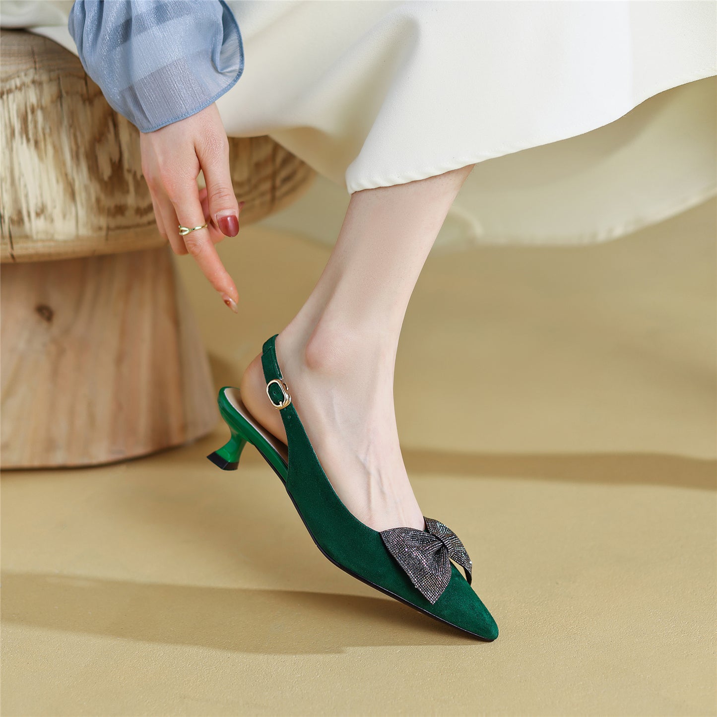 Women's Pointed Toe Suede Leather Handmade Buckle Cute Kitten Heels Slingbacks with Bowknot