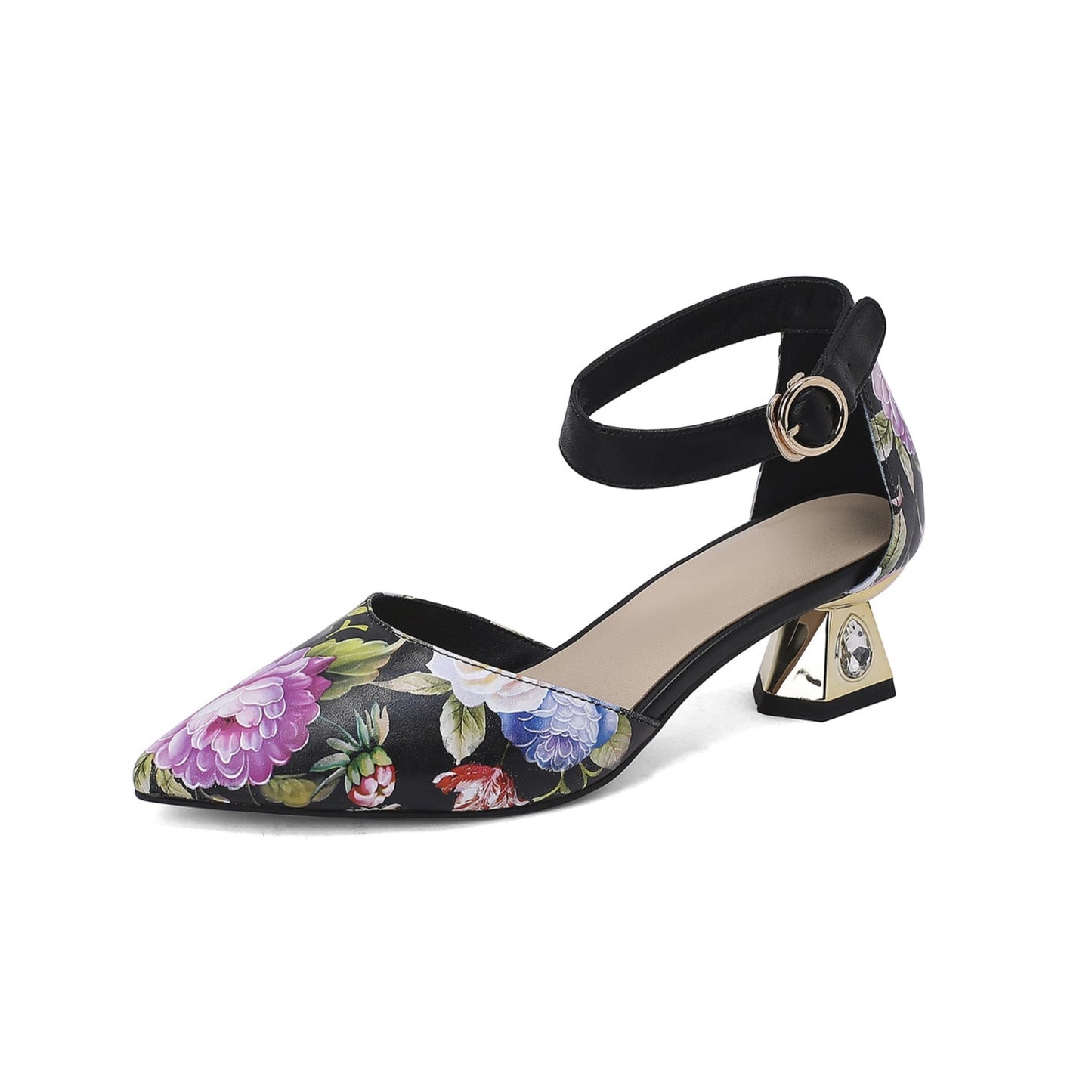 Women's Pointed Toe Flower Print Genuine Leather Handmade Buckle Low Chunky Heel Sandal Pumps