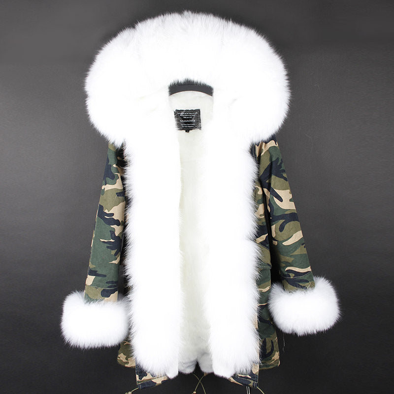 BelaCustom Rabbit Fur Women's Comouflage Overcoat Winter Parka Coats Customization