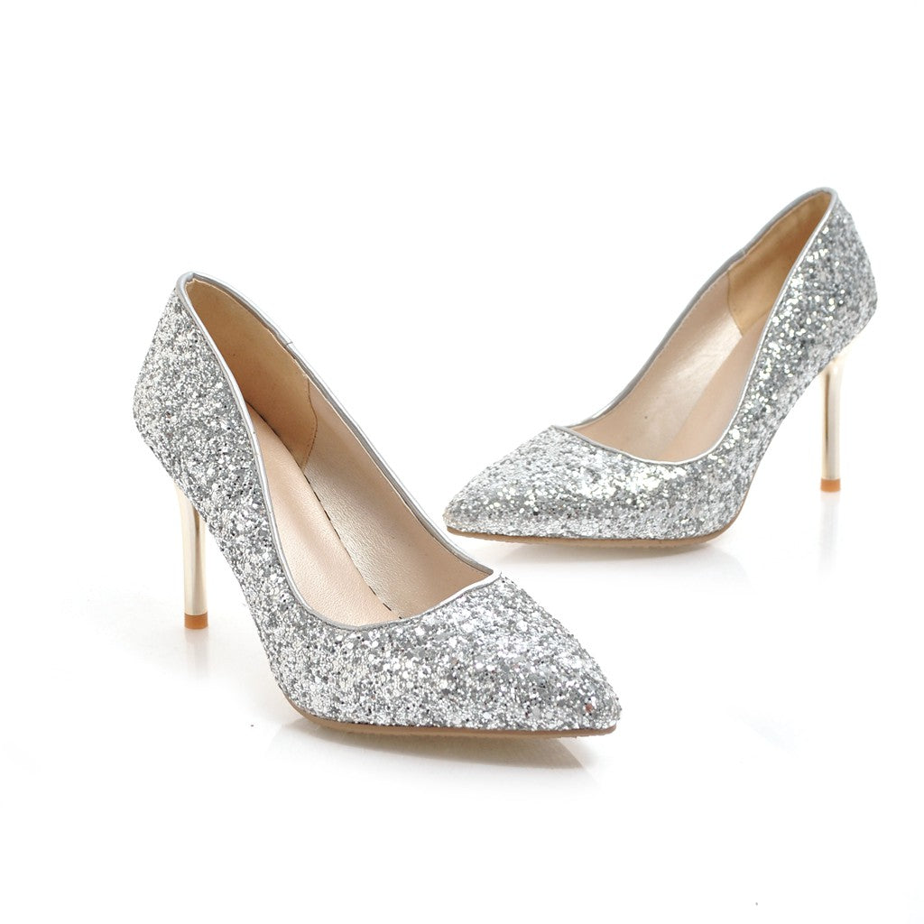 Women's Pointed Toe Handmade High Stiletto Heel Glitter Weeding Party Loafer Pumps Shoes