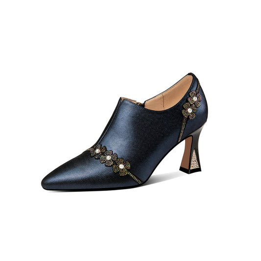 Handmade Women's Genuine Leather Rhinestones Pearls Flowers Side Zipper Pointed Toe Mid Spool Heel Pumps