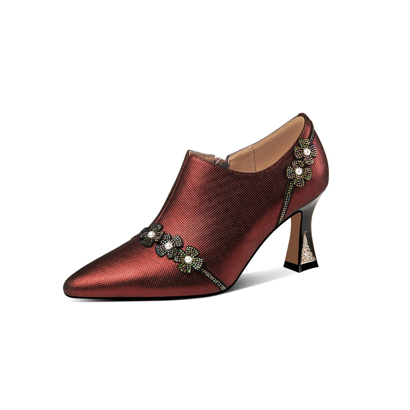 Handmade Women's Genuine Leather Rhinestones Pearls Flowers Side Zipper Pointed Toe Mid Spool Heel Pumps