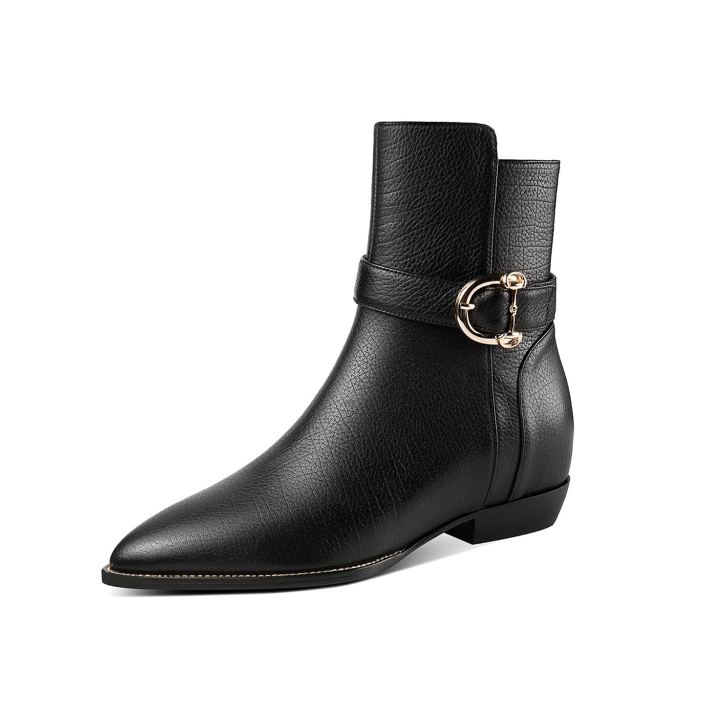 Women's Pointed Toe Genuine Leather Handmade Buckle Side Zip Up Ankle Boots with Inner Height