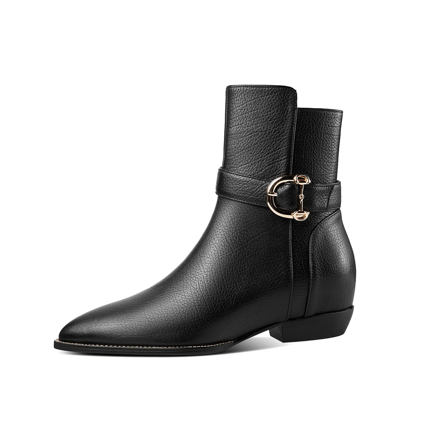 Women's Pointed Toe Genuine Leather Handmade Buckle Side Zip Up Ankle Boots with Inner Height