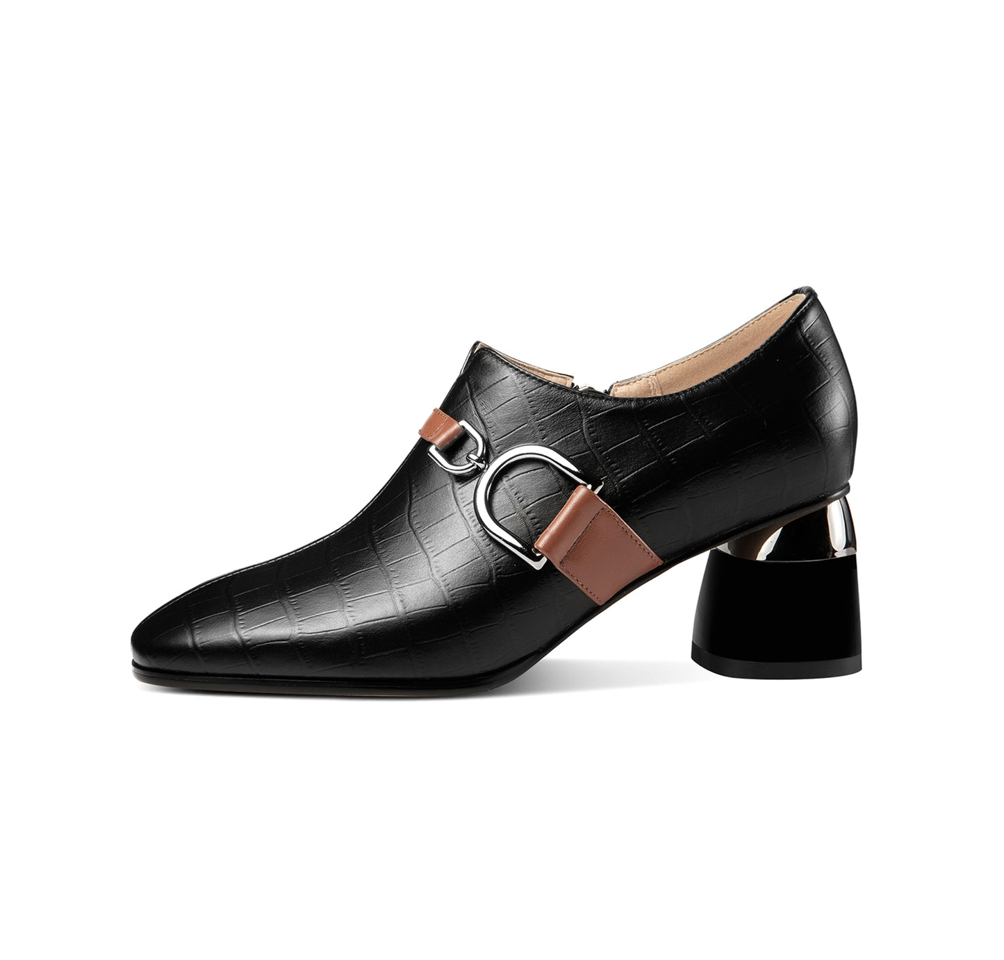 Women's Round Toe Genuine Leather Handmade Buckle Belt Side Zip Up Chunky Heels Stylish Pumps