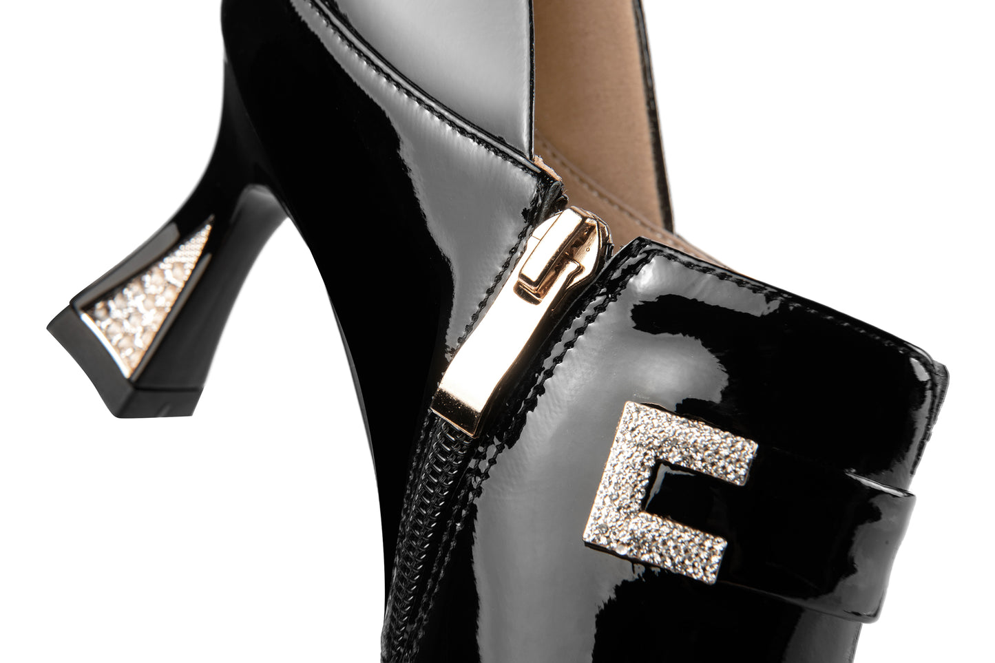 Women's Pointed Toe Glossy Patent Leather Handmade Side Zip Up Rhinestone Mid Heels Stylish Pumps