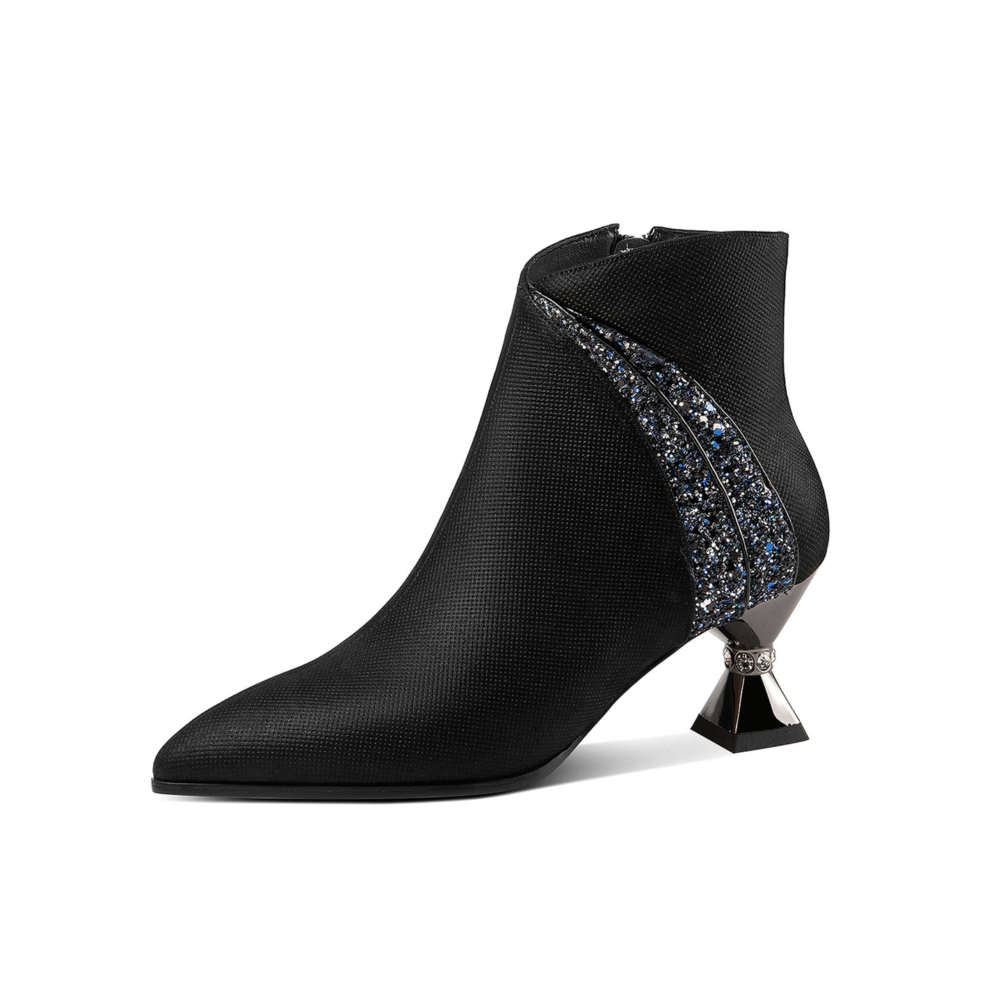 Handmade Women's Genuine Leather Rhinestones Woven Design Pointed Toe Side Zipper Mid Spool Heel Ankle Boots