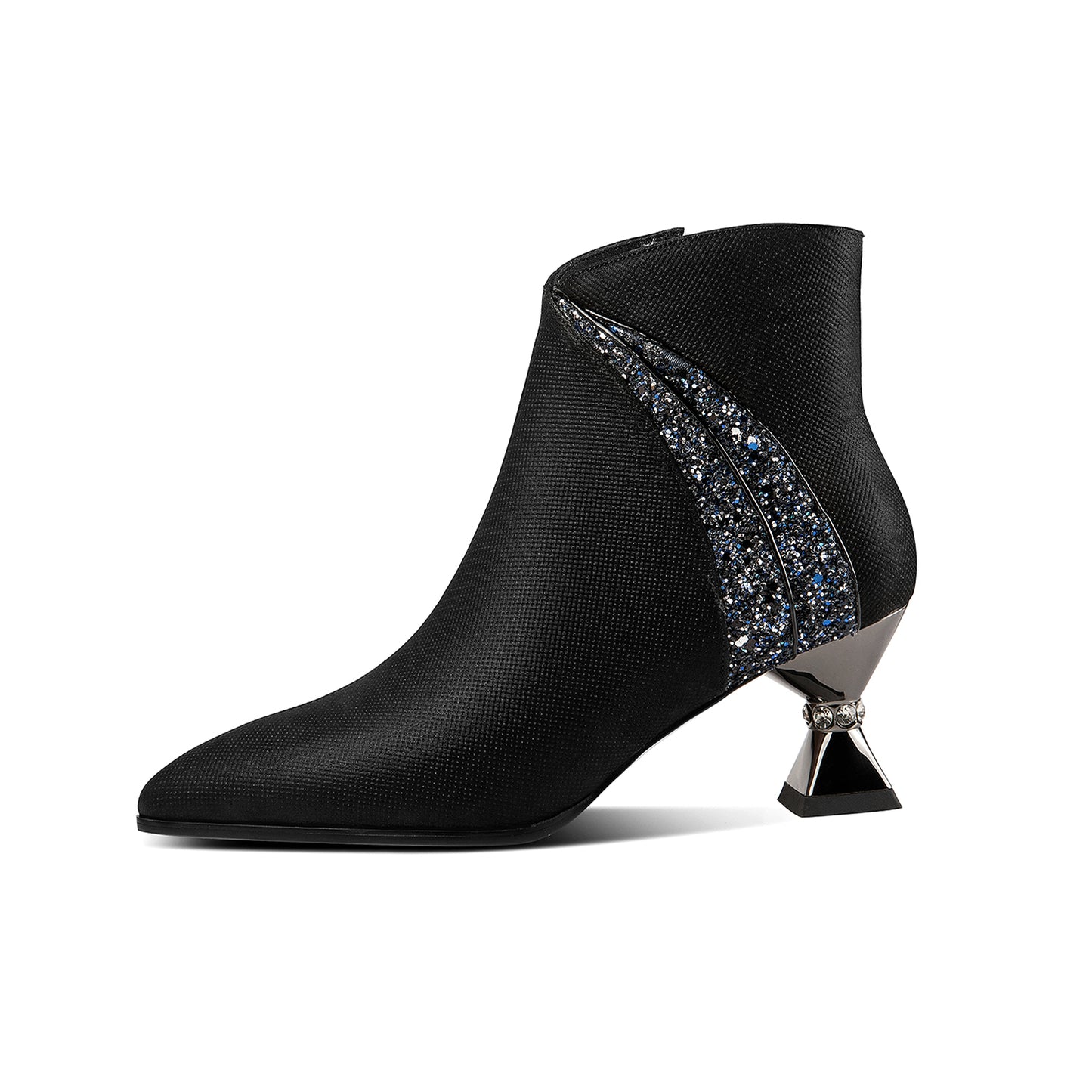 Handmade Women's Genuine Leather Rhinestones Woven Design Pointed Toe Side Zipper Mid Spool Heel Ankle Boots