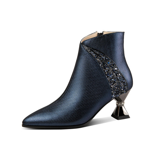 Handmade Women's Genuine Leather Rhinestones Woven Design Pointed Toe Side Zipper Mid Spool Heel Ankle Boots