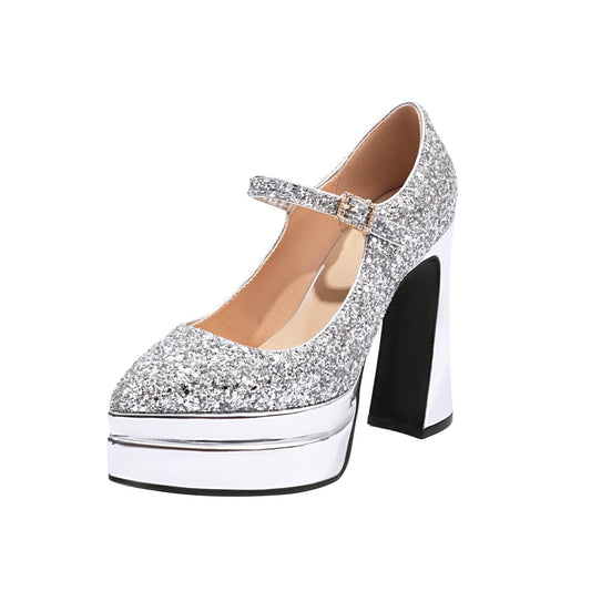 Leather Women's Handmade High Heel Platform Glitter Buckle Mary Jane Pumps Shoes