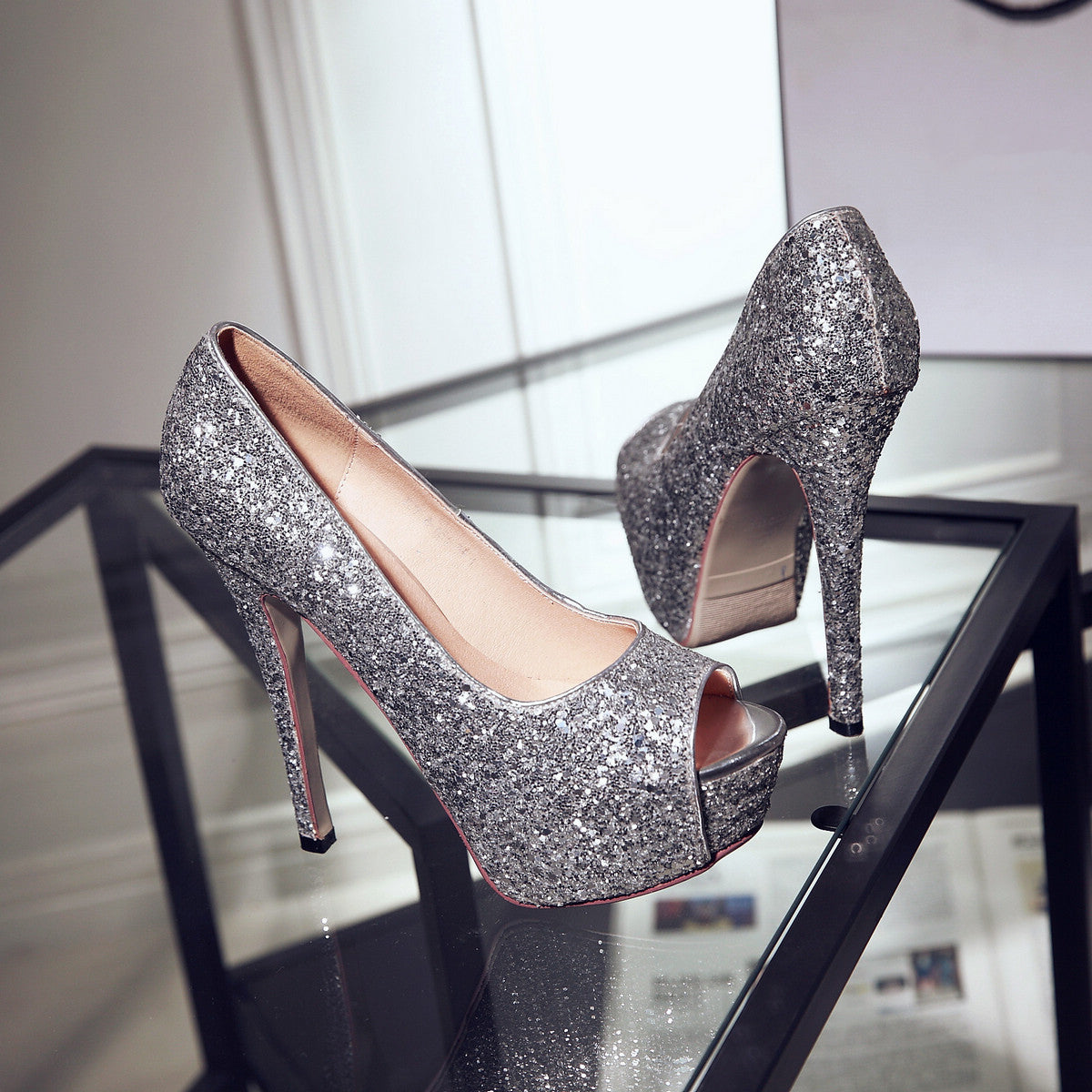 Glitter Sequins Platform Peep Toe Women's Handmade High Stiletto Heel Slip On Weeding Party Shoes