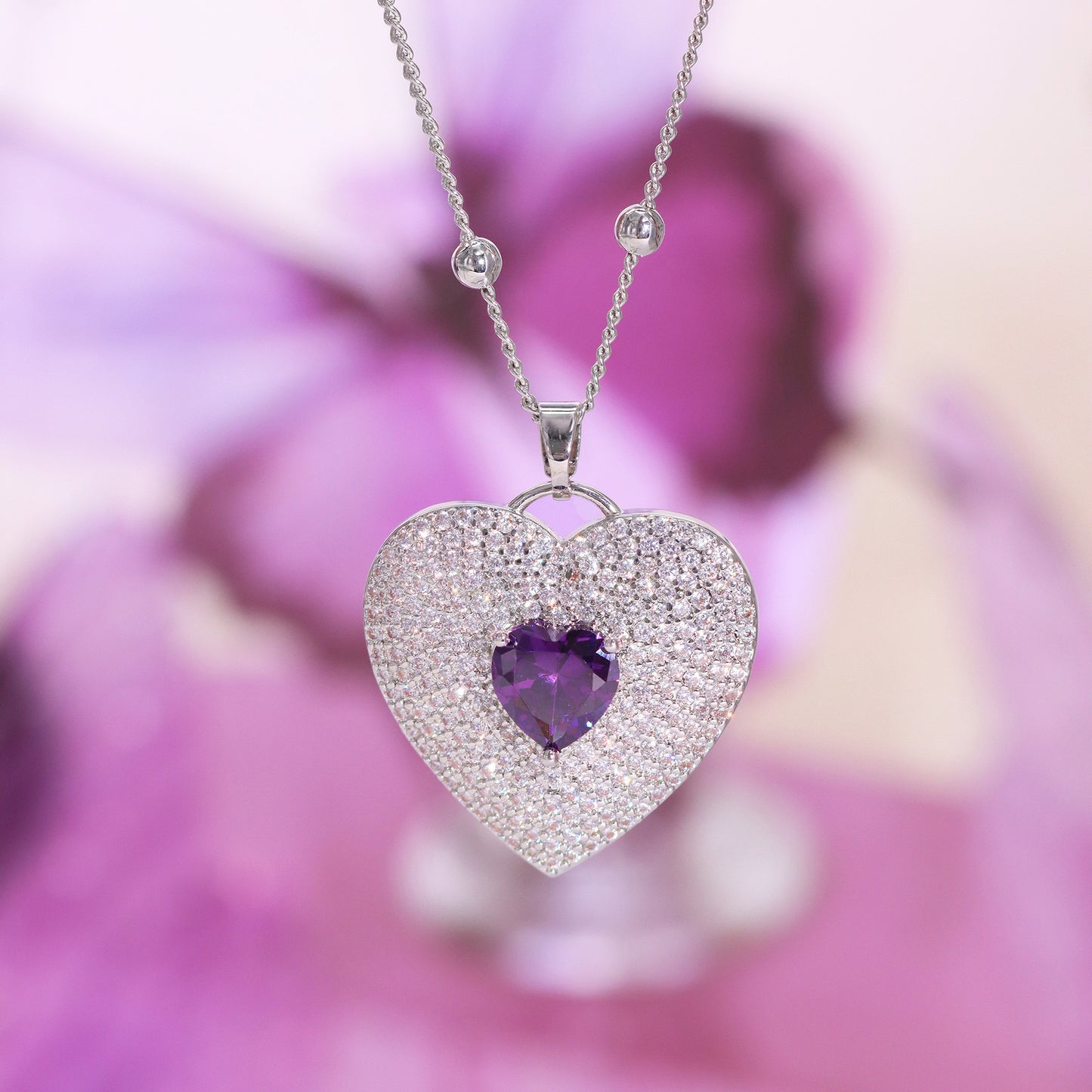 Women's Gklitter Heart Necklaces Purple Crystal Stone Pendant 18K Plated Gold Necklace