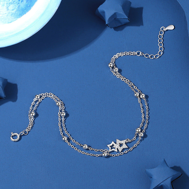 Anklet for Women Sterling Silver Stars Pattern Bells Pendant Double Ankle Chains