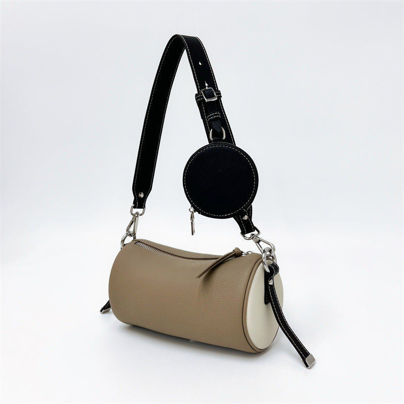 Genuine Leather Women's Handmade Over the Shoulder Bags Cylinder Shaped Zip Little Pocket Strap Decor