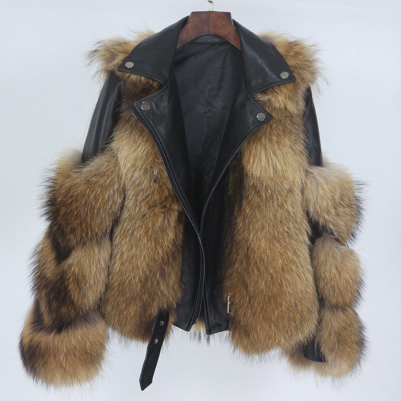 BelaCustom Fox or Raccoon Fur Women's Winter Genuine Leather Jacket Coat Customization