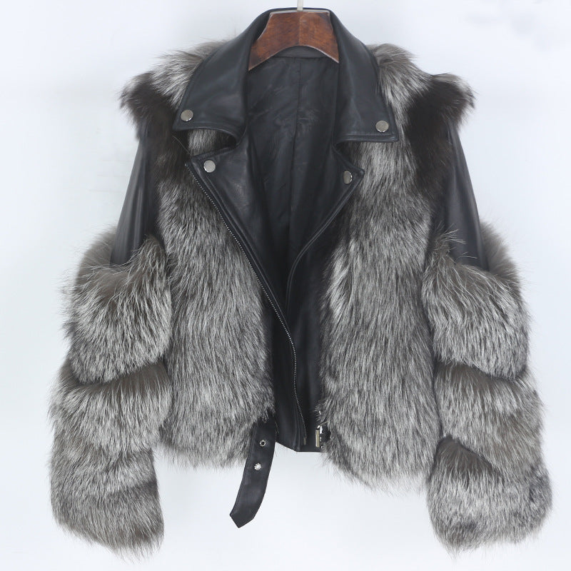 BelaCustom Fox or Raccoon Fur Women's Winter Genuine Leather Jacket Coat Customization