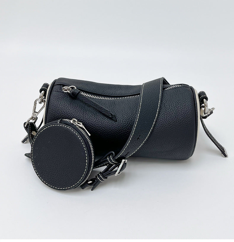 Genuine Leather Women's Handmade Over the Shoulder Bags Cylinder Shaped Zip Little Pocket Strap Decor