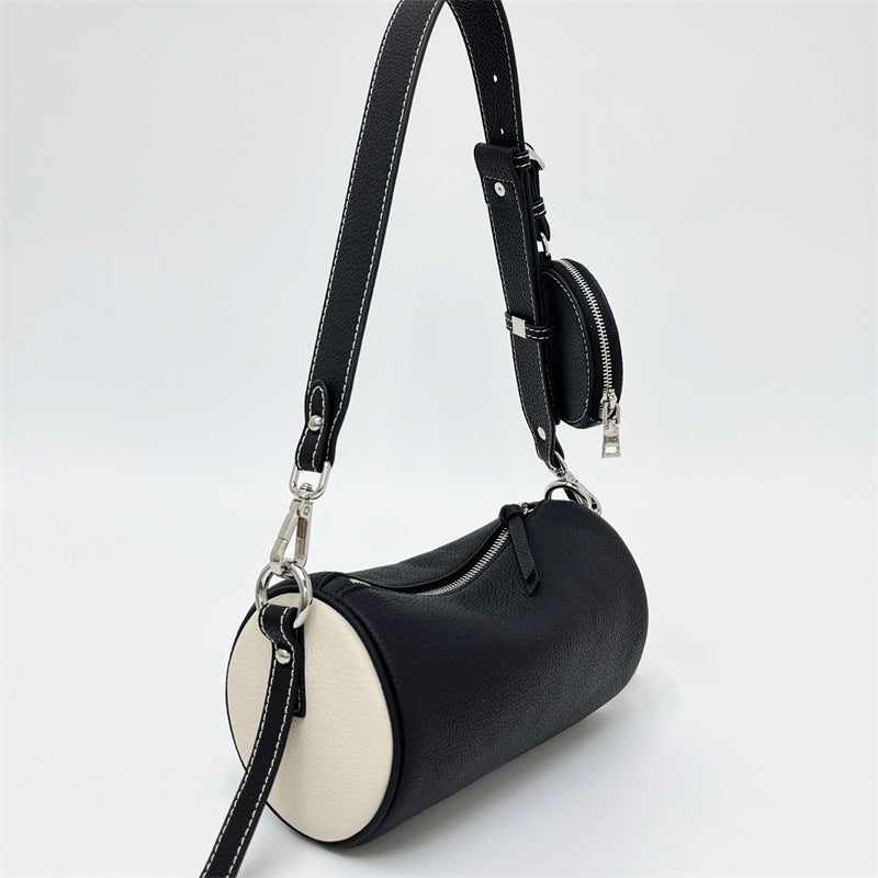 Genuine Leather Women's Handmade Over the Shoulder Bags Cylinder Shaped Zip Little Pocket Strap Decor