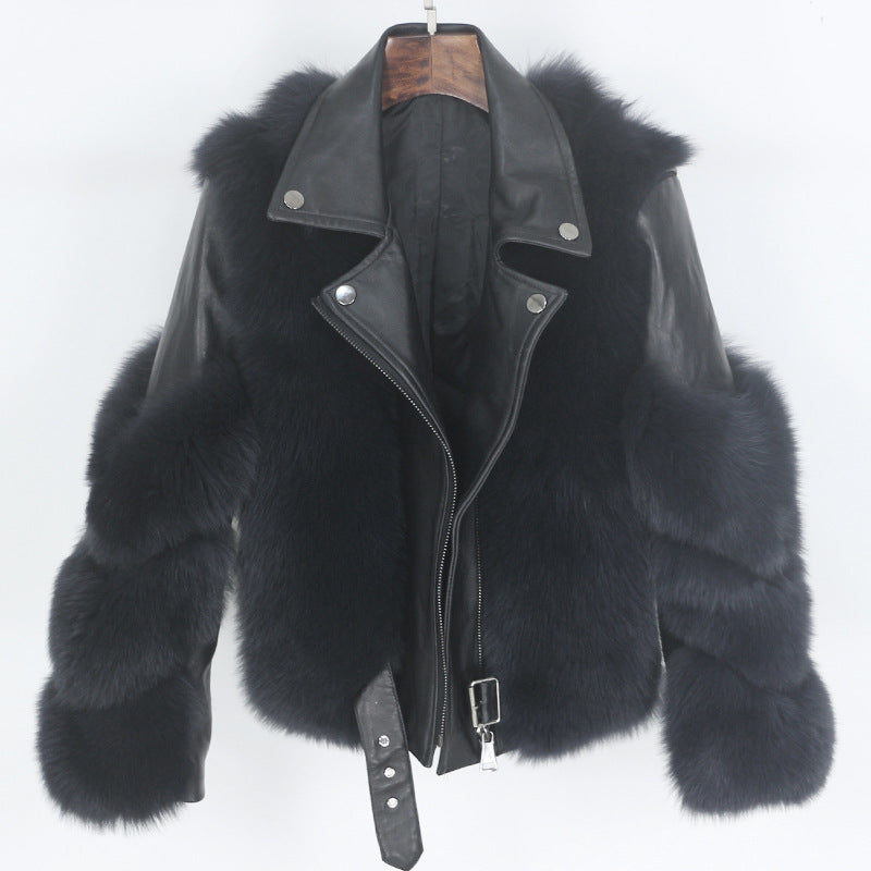 BelaCustom Fox or Raccoon Fur Women's Winter Genuine Leather Jacket Coat Customization