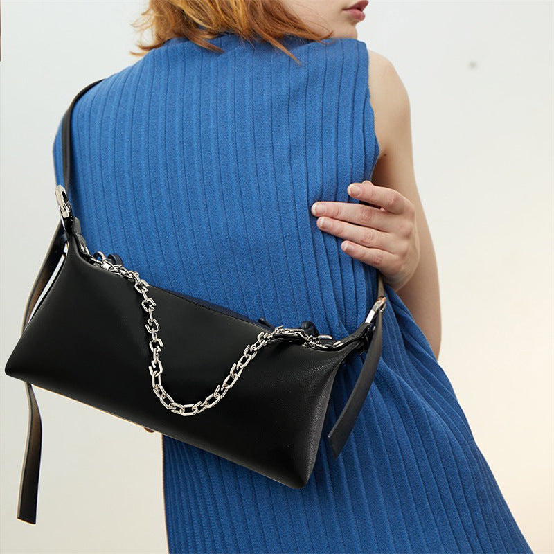 Genuine Leather Women's Handmade Chain Decor Zip Up Shoulder Bag