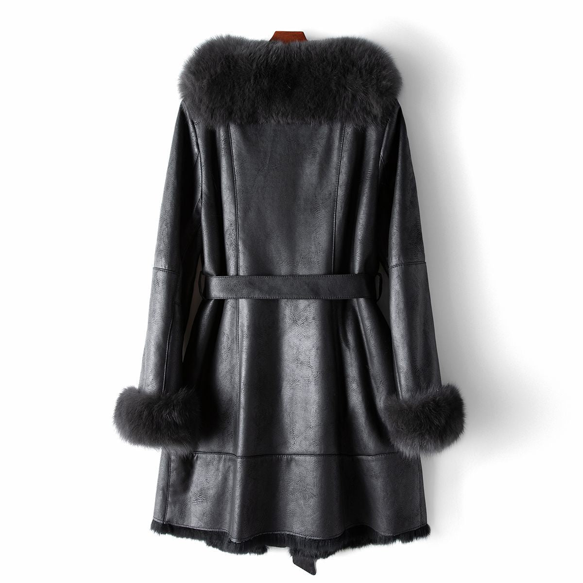 BelaCustom Fox Fur Collar Genuine Leather Rabbit Fur Women's Belt Overcoat Winter Long Coat Customization