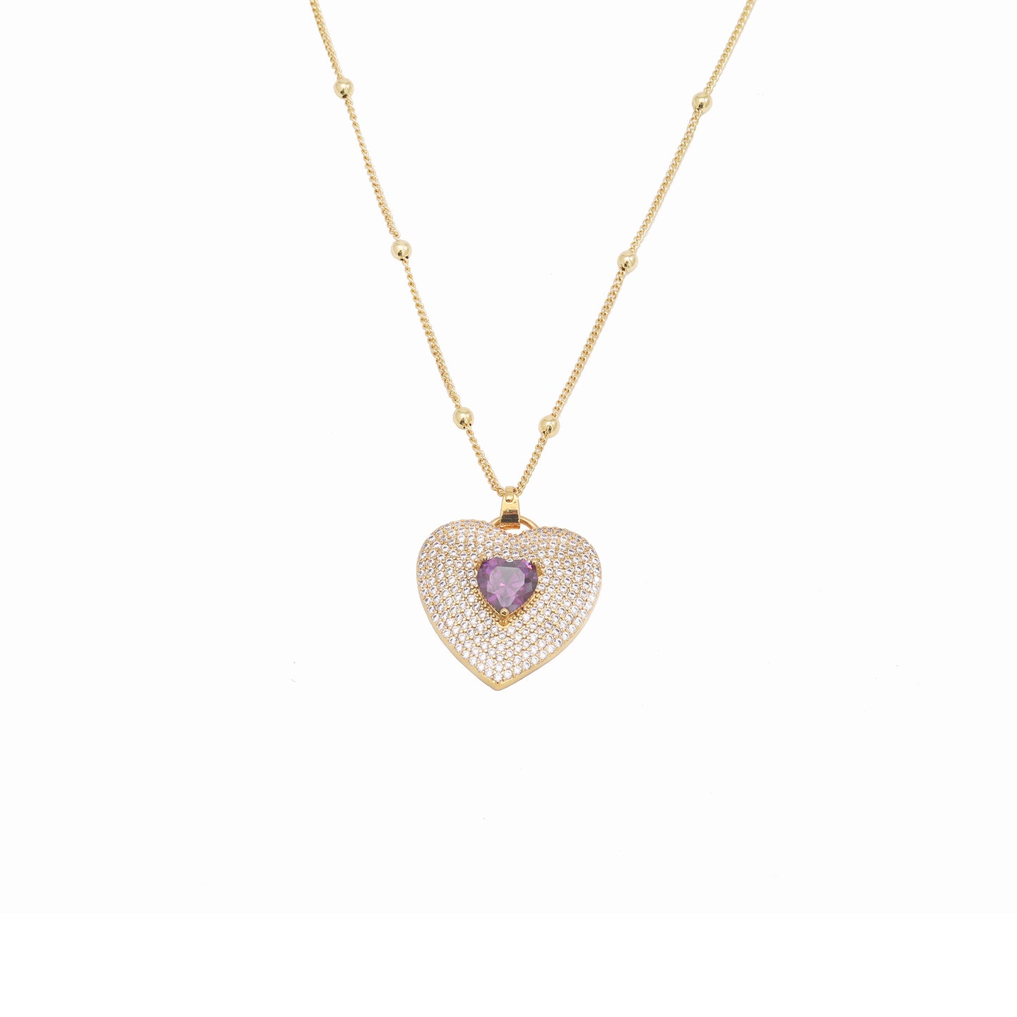 Women's Gklitter Heart Necklaces Purple Crystal Stone Pendant 18K Plated Gold Necklace