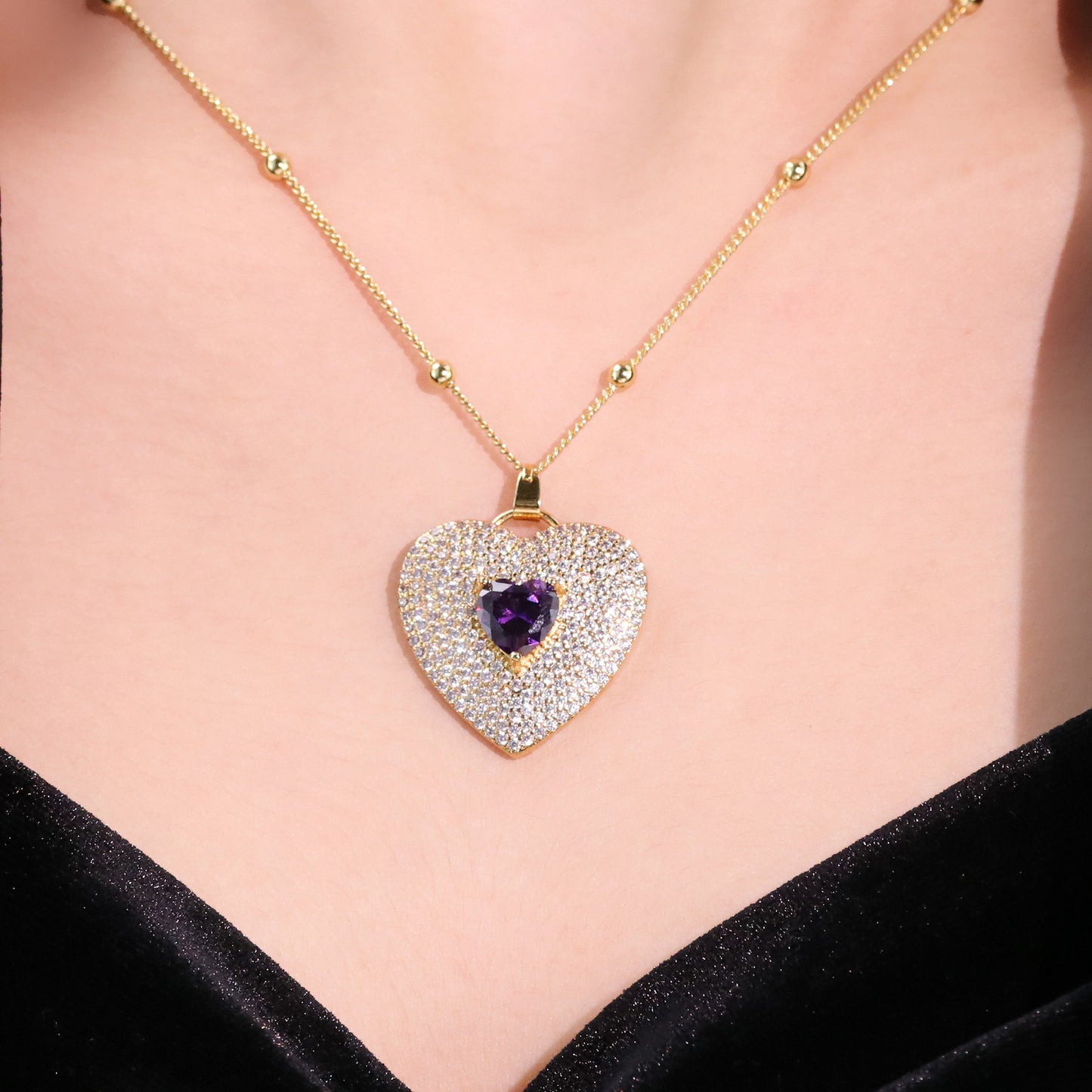 Women's Gklitter Heart Necklaces Purple Crystal Stone Pendant 18K Plated Gold Necklace