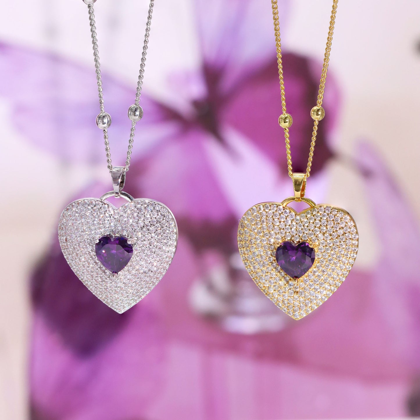 Women's Gklitter Heart Necklaces Purple Crystal Stone Pendant 18K Plated Gold Necklace