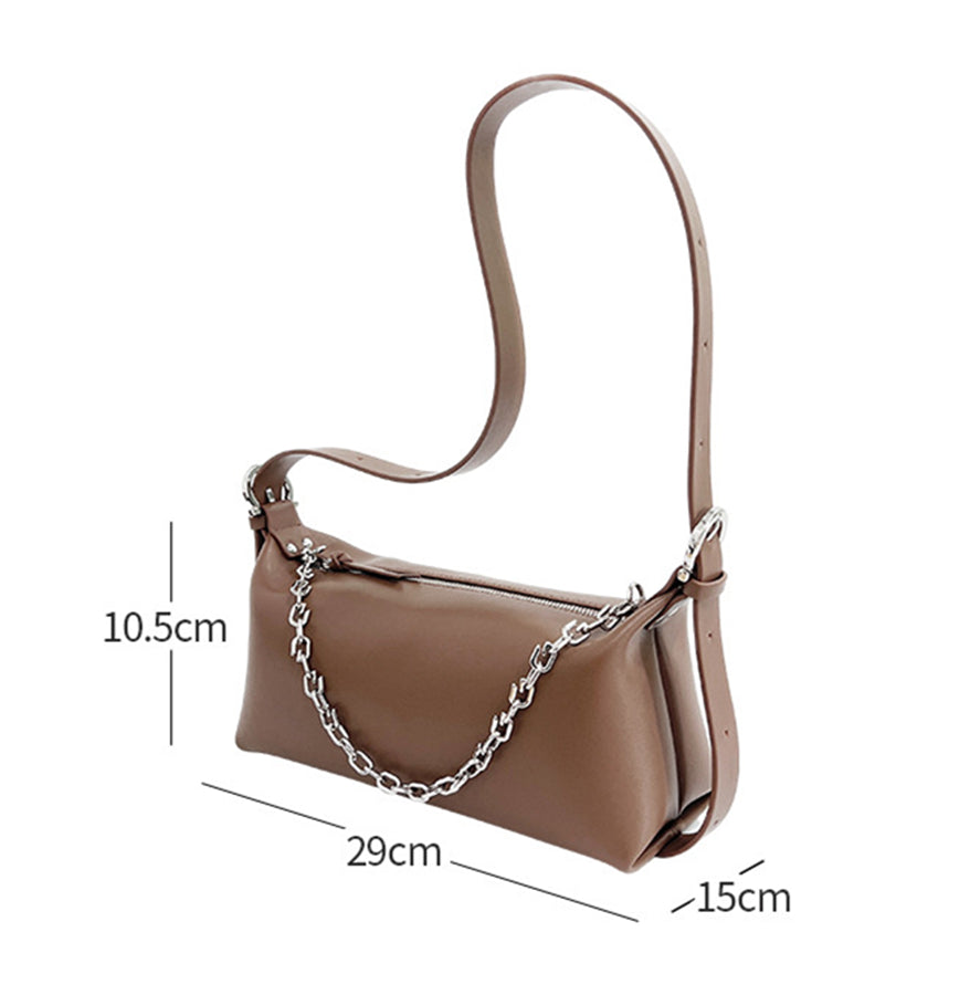 Genuine Leather Women's Handmade Chain Decor Zip Up Shoulder Bag