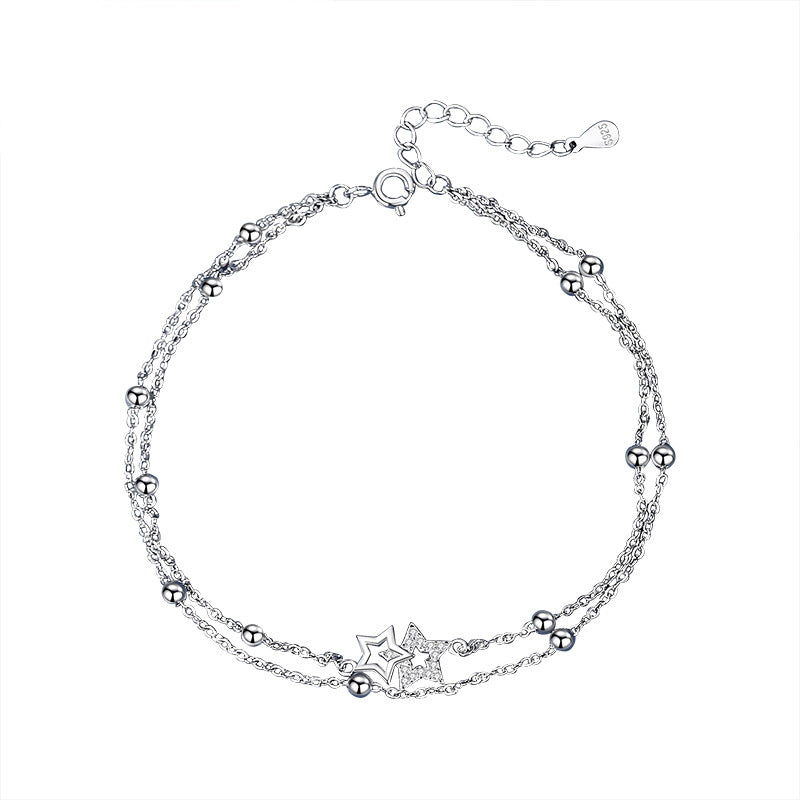 Anklet for Women Sterling Silver Stars Pattern Bells Pendant Double Ankle Chains