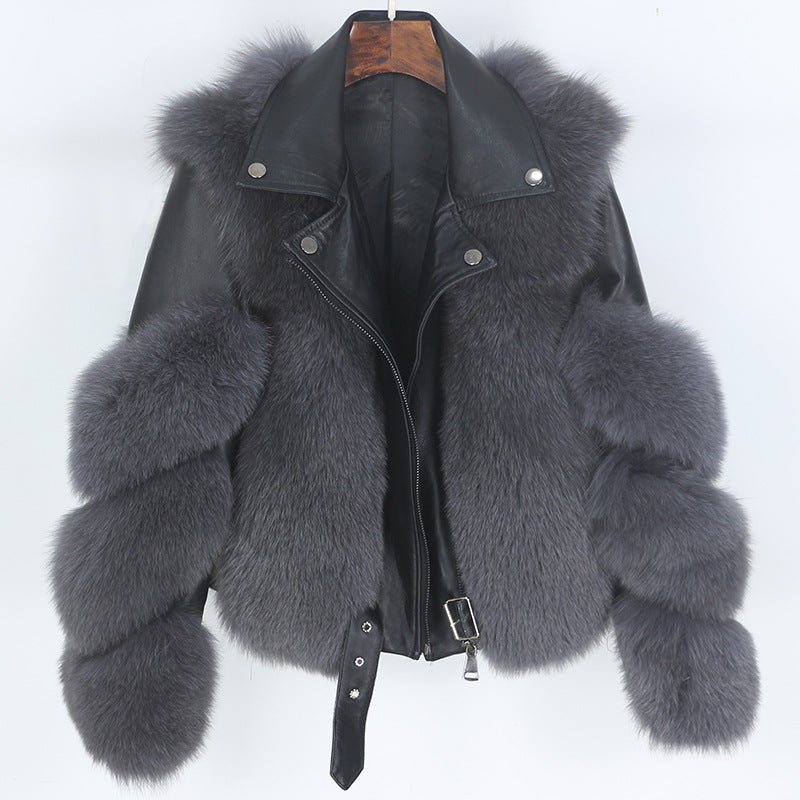 BelaCustom Fox or Raccoon Fur Women's Winter Genuine Leather Jacket Coat Customization