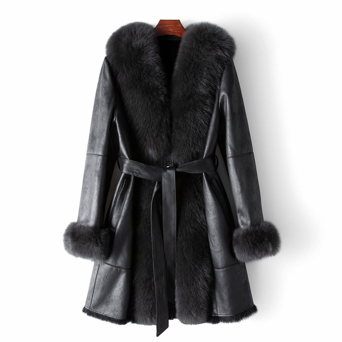 BelaCustom Fox Fur Collar Genuine Leather Rabbit Fur Women's Belt Overcoat Winter Long Coat Customization