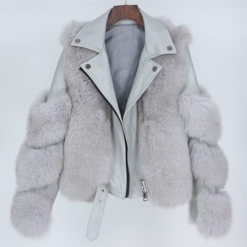 BelaCustom Fox or Raccoon Fur Women's Winter Genuine Leather Jacket Coat Customization