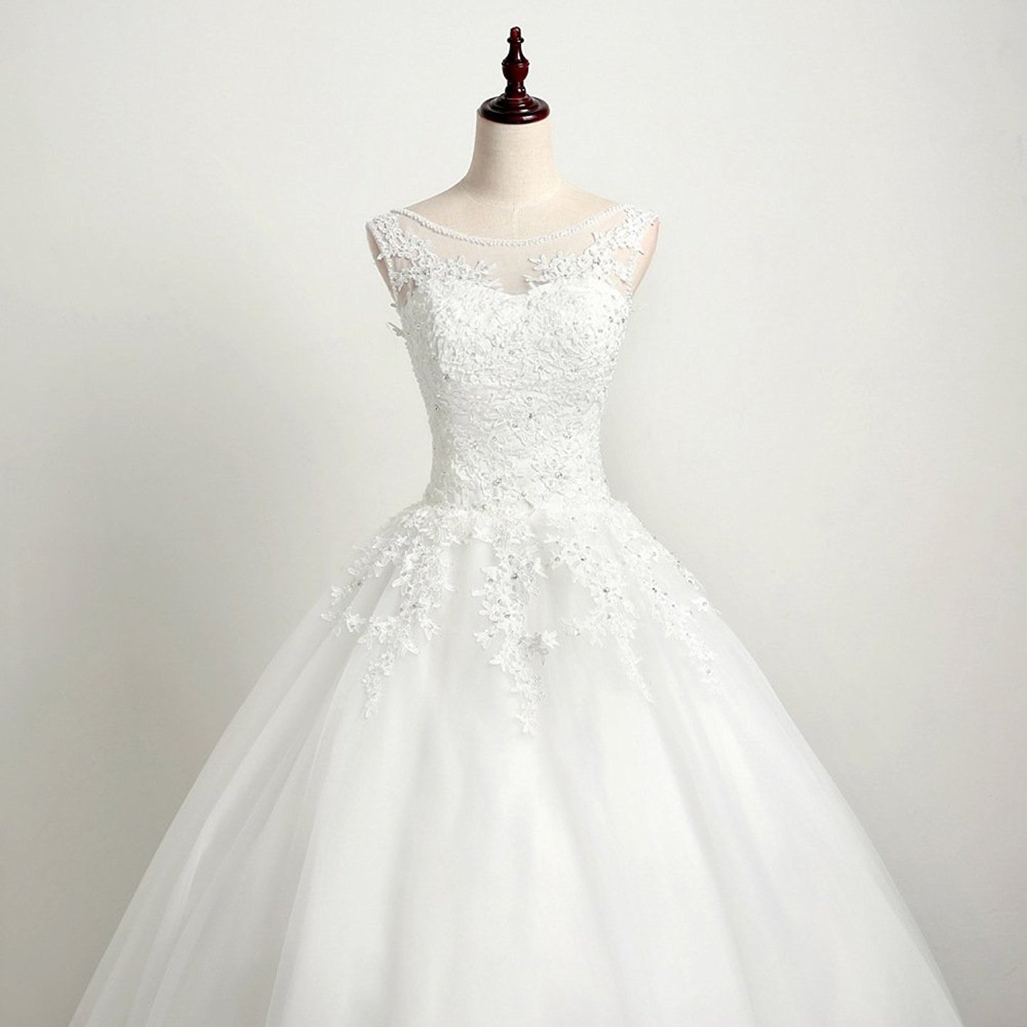 BelaCustom Appliques Round Neck Sleeveless Lace Up  Floor Train A-Line Wedding Dress