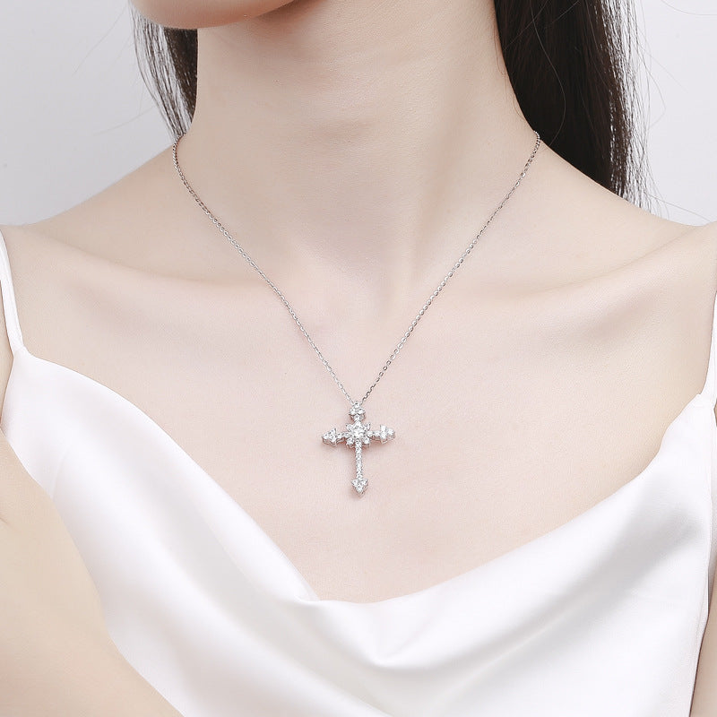 Moissanite Glitter Cross Collarbone Necklaces for Women 925 Sterling Silver Pendant Necklace Gifts