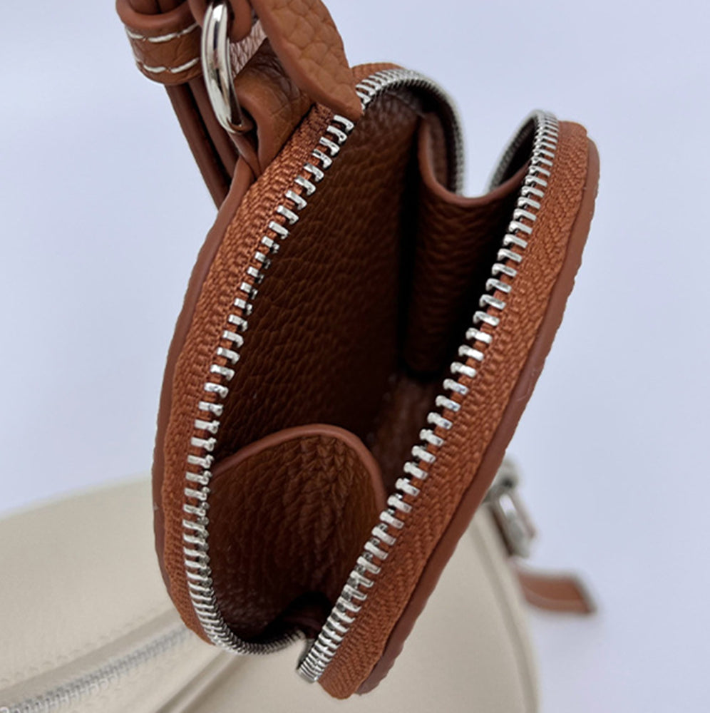 Genuine Leather Women's Handmade Over the Shoulder Bags Cylinder Shaped Zip Little Pocket Strap Decor