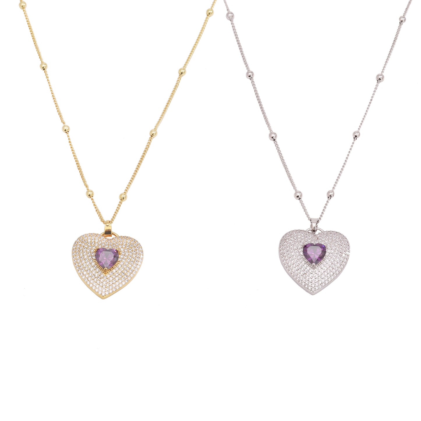 Women's Gklitter Heart Necklaces Purple Crystal Stone Pendant 18K Plated Gold Necklace